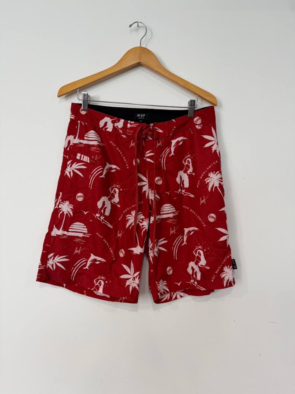 HUF Red Swim Shorts with White Tropical Print